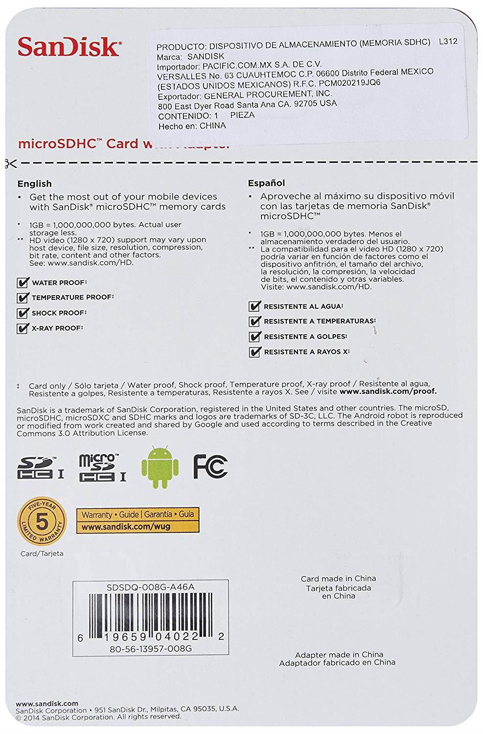 SanDisk 8 GB Class 2 microSDHC Flash Memory Card with SD Adapter