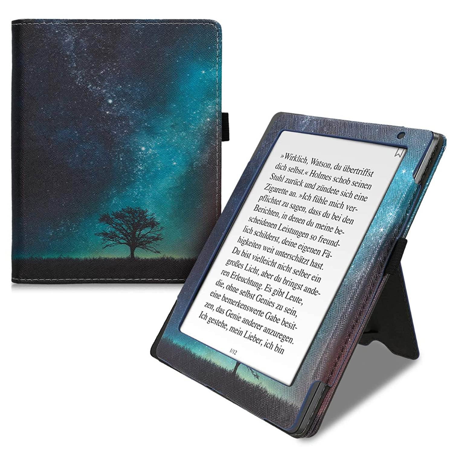 kwmobile Case Compatible with Kobo Aura H2O Edition 2 - PU Leather Cover with Magnet Closure, Stand, Strap, Card Slot - Cosmic Nature Blue/Grey/Black