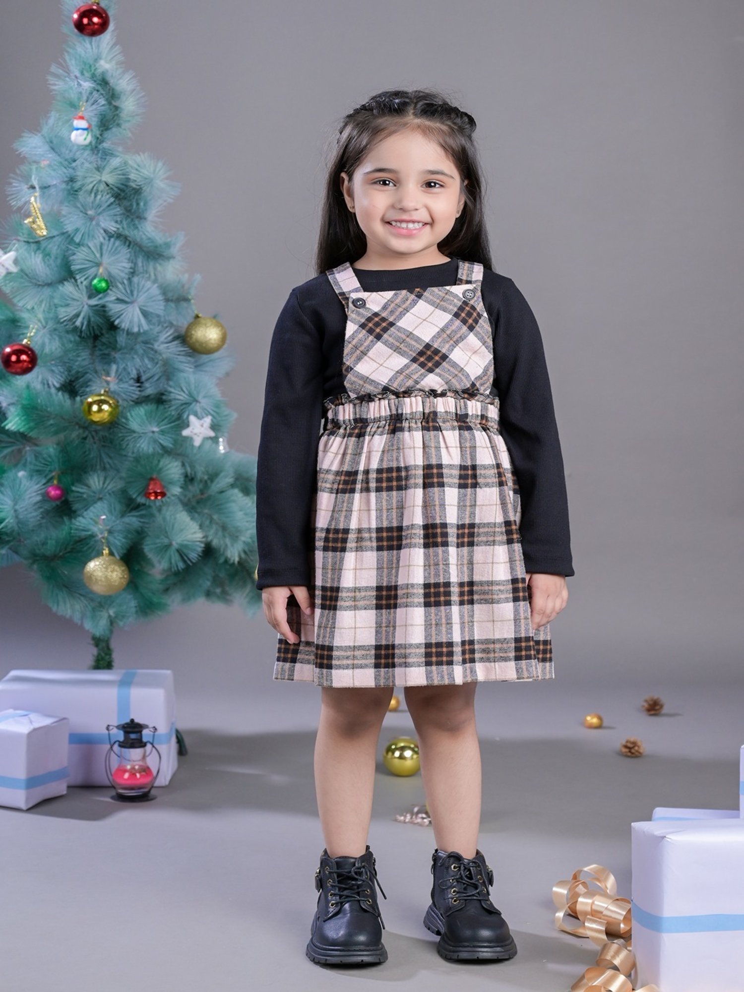 Budding Bees Kids Grey & Black Checks Full Sleeves Top with Dress