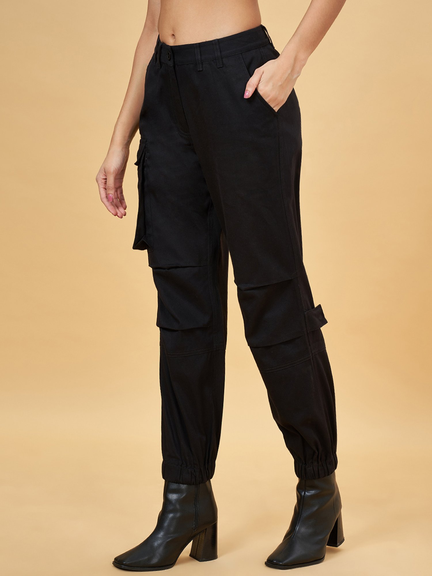 SF Jeans by Pantaloons Jet Black Mid Rise Cargo Joggers