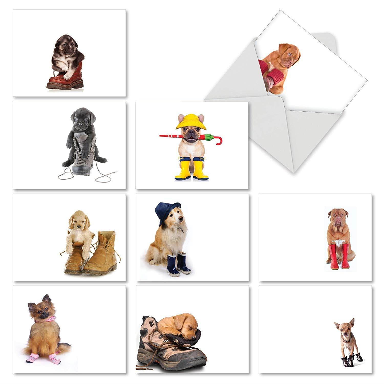 10 Adorable Puppy Thank You Note Cards with Envelopes (4" x 5 &frac14;") All-Occasion &lsquo;These Boots Are Made for Puppies&rsquo; - Boxed Dog Stationery Notecard Set #M2980TYG
