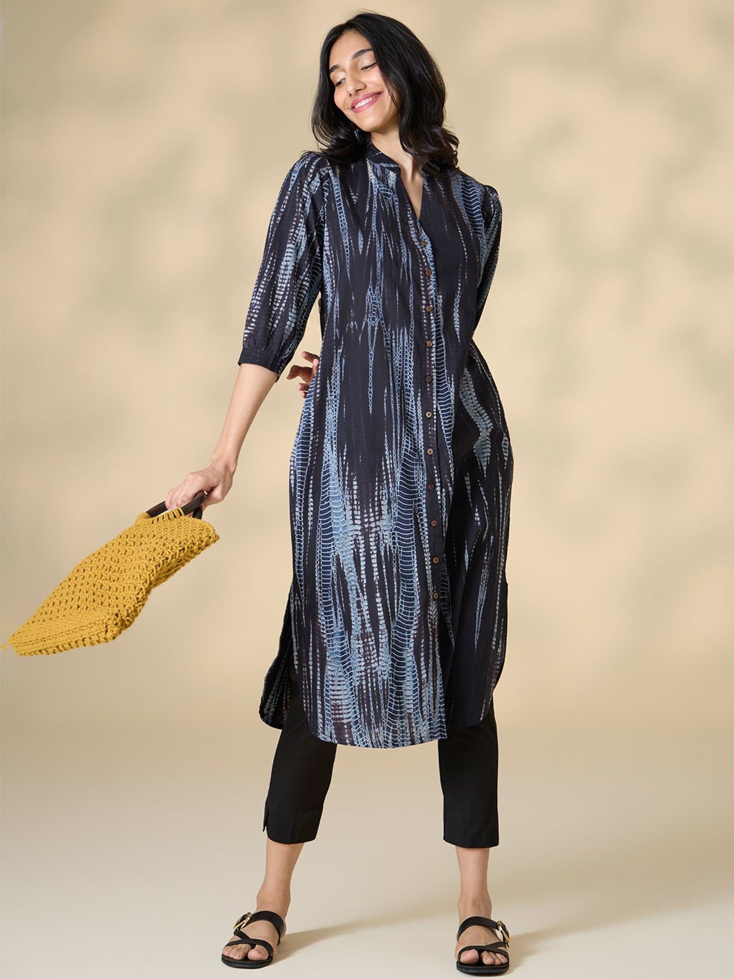 Okhai Black Cotton Tie-Dye Straight Kurta