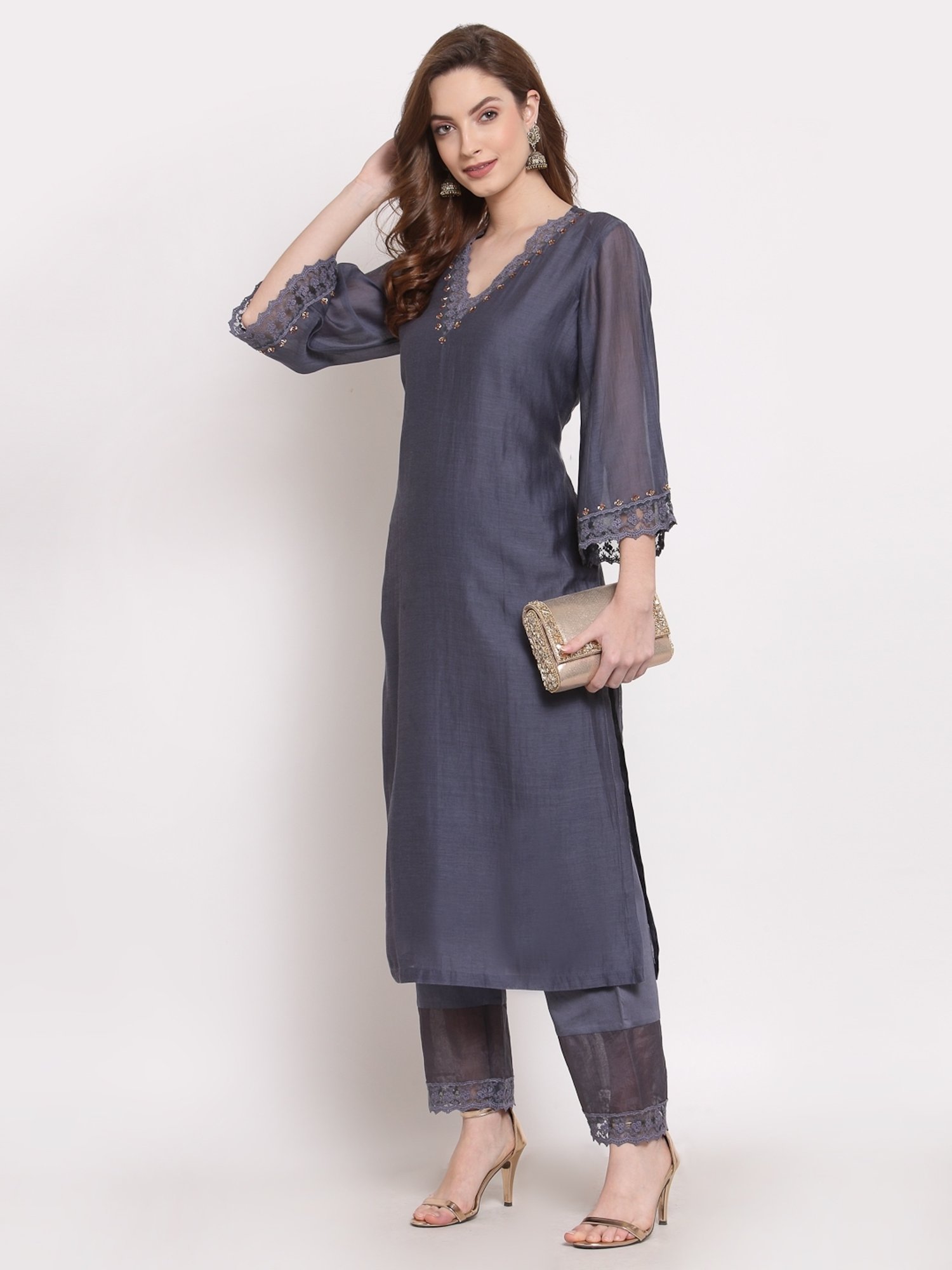 DART STUDIO Grey Embroidered Straight Kurta