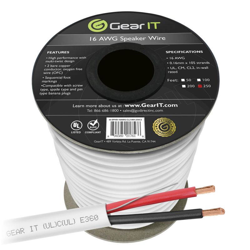 16 Gauge CL2 OFC Speaker Wire, GearIT Pro Series 16AWG (250 Feet / 76.2 Meters / White) Oxygen Free Copper UL CL2 Rated In-Wall Speaker Wire Cable for Home Theater and Car Audio Use