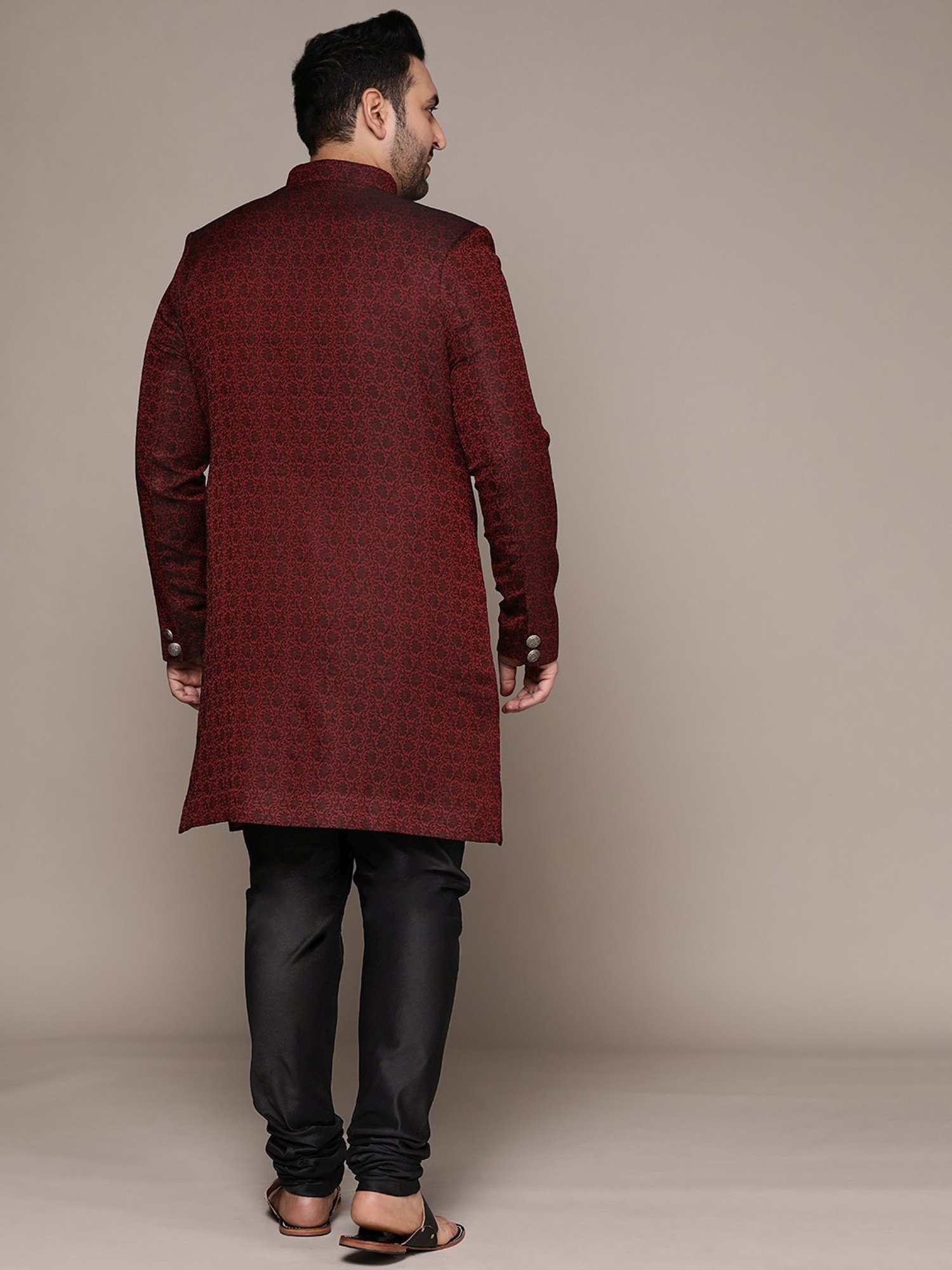 KISAH PLUS Maroon Regular Fit Jacquard Sherwani Set
