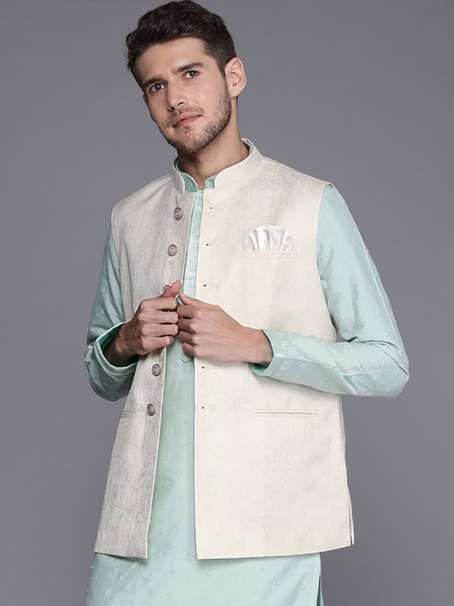 Manyavar Cream Regular Fit Self Design Nehru Jacket