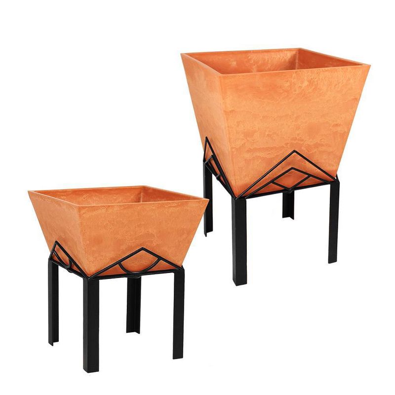 12.25" Small Modern Geometric Marion Wood Stone and Iron Planter with Stand Terra Cotta Finish - Achla Designs