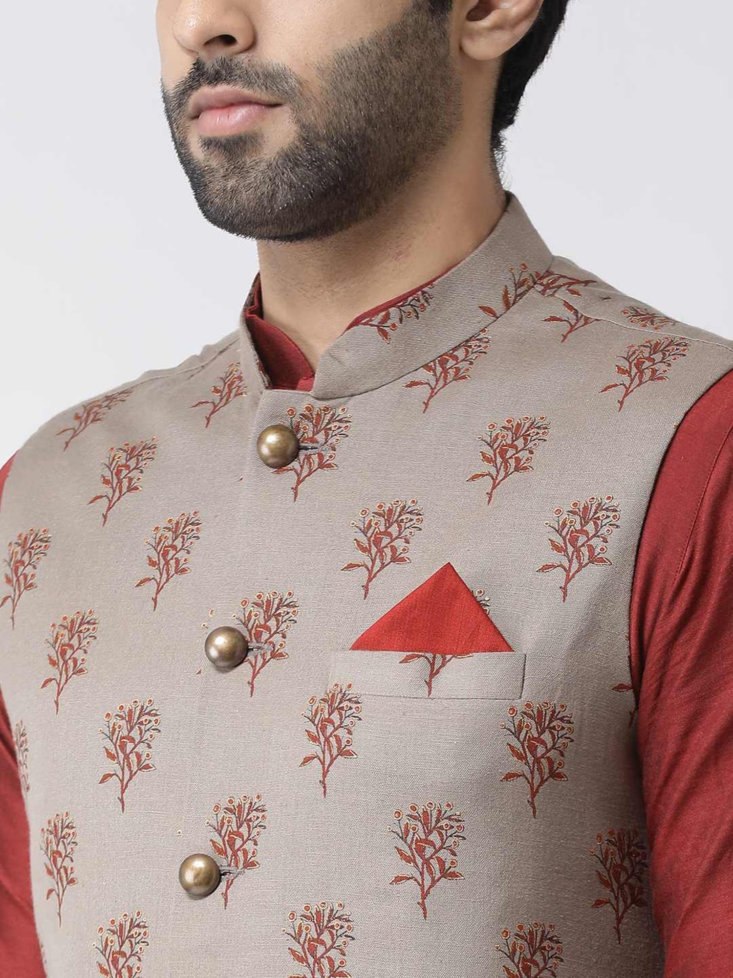 KISAH Maroon Regular Fit Printed Nehru Jacket