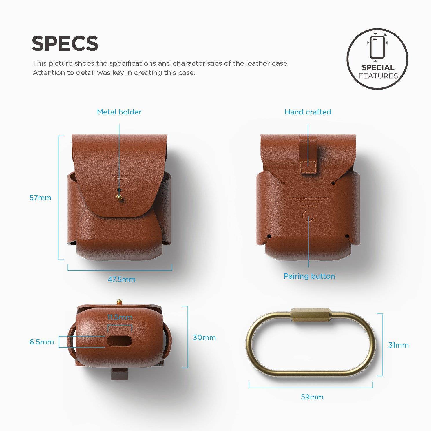 elago AirPods Leather Case [Brown] - [Genuine leather][Added Brass Ring Holder][True Fit] &ndash; for AirPods