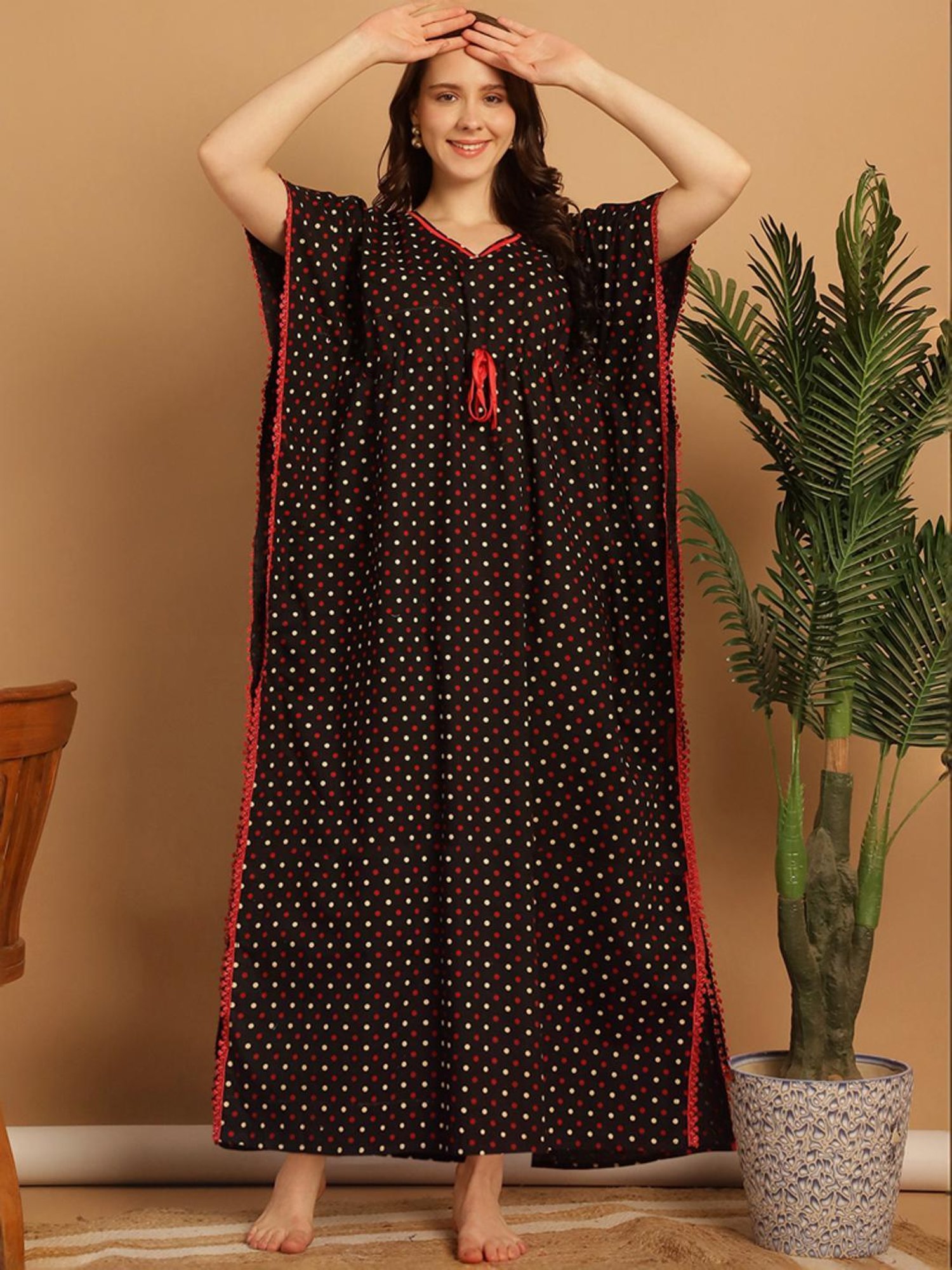 Secret Wish Black Cotton Polka Dots Kaftan