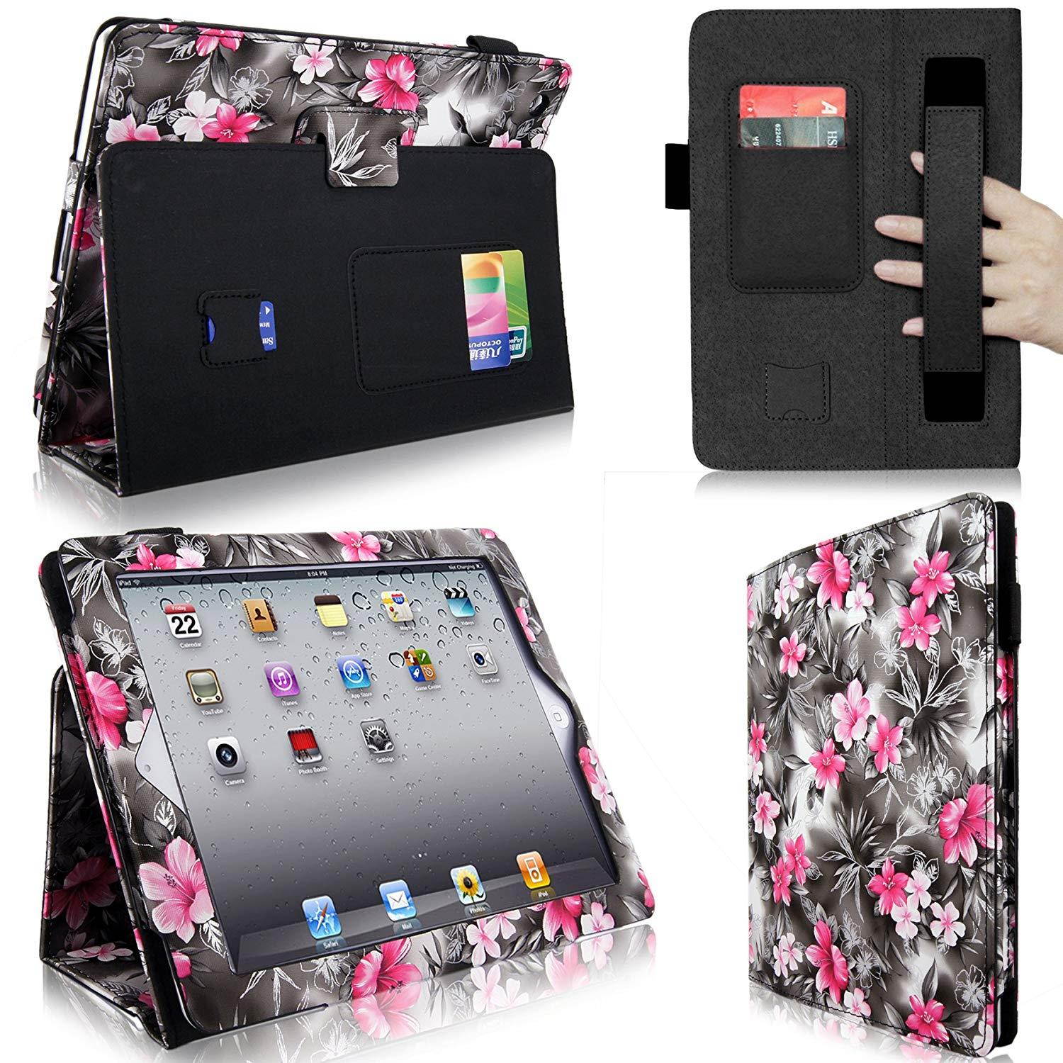 Cellularvilla Case for Apple iPad 2/3/4 iPad 1 iPad 2 iPad 3 iPad 4 Genration Black Pink Flower Pu Leather Flip Folio Elastic Hand Strap Card Holder Stand Case Cover Protector