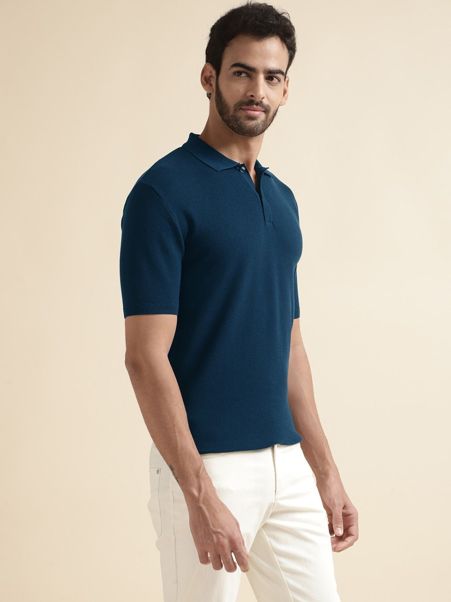 ANDAMEN Navy Regular Fit Textured Polo T-Shirt