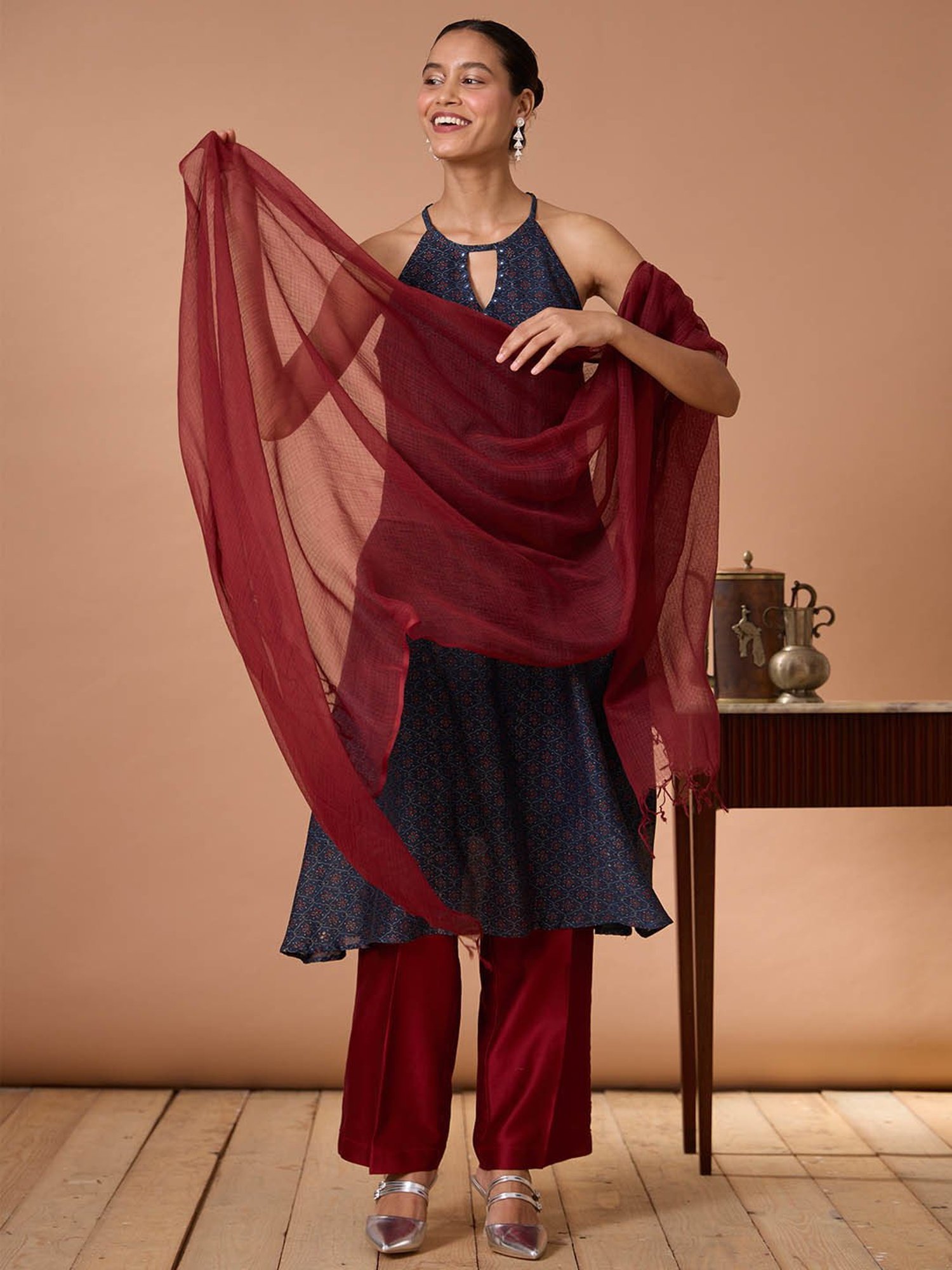 Okhai Blue & Maroon Printed Kurta With Pant & Dupatta