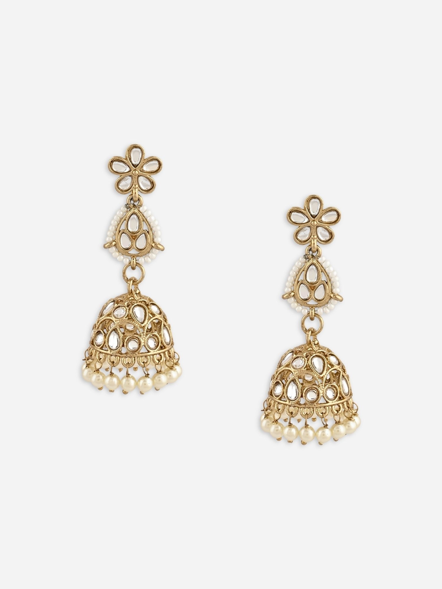 Fida Gold Plated White Pearls Jhumki Earrings for Women