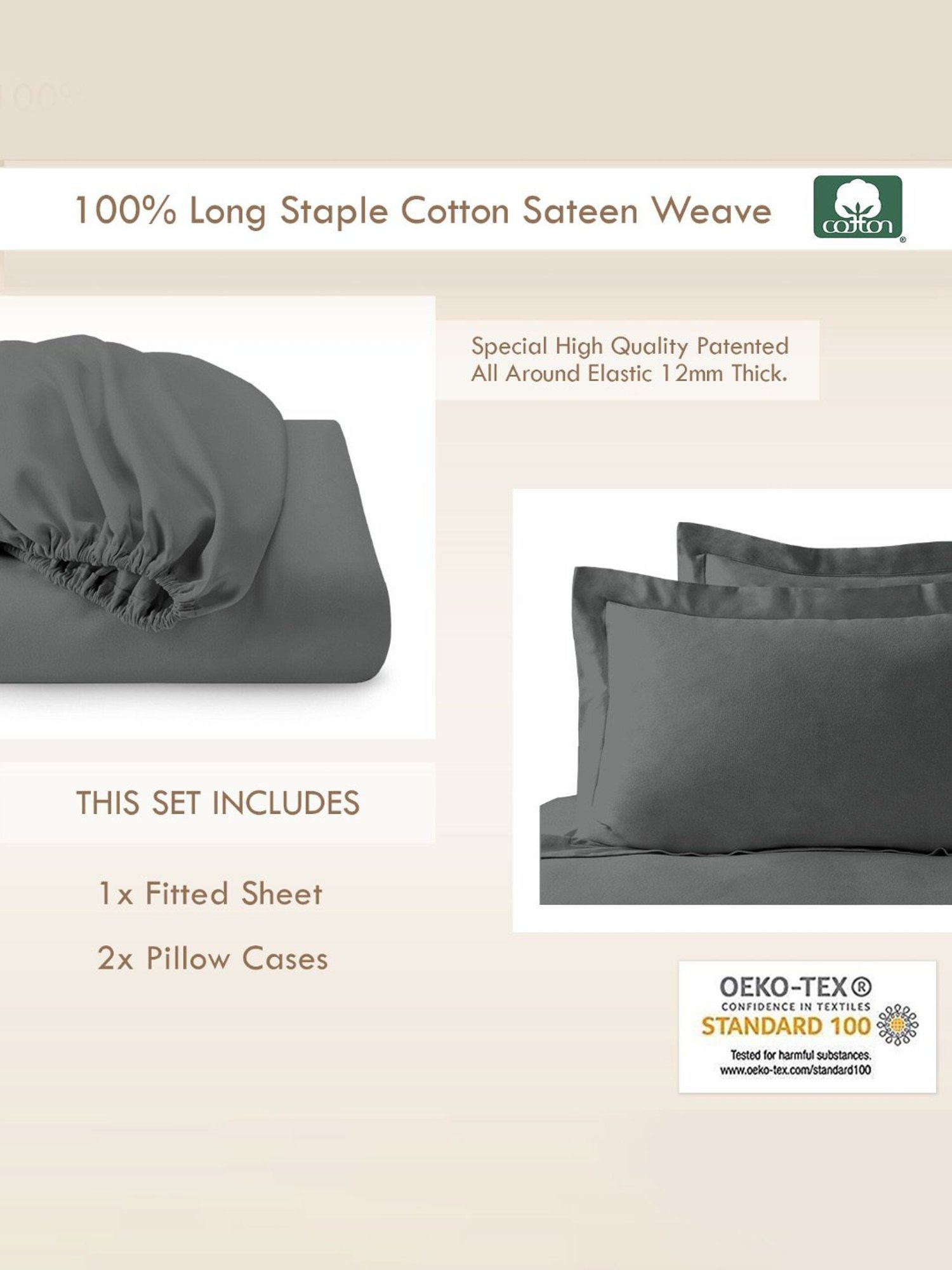 Pizuna Dark Grey 400 TC Cotton King Fitted Bed Sheet with 2 Pillow Covers