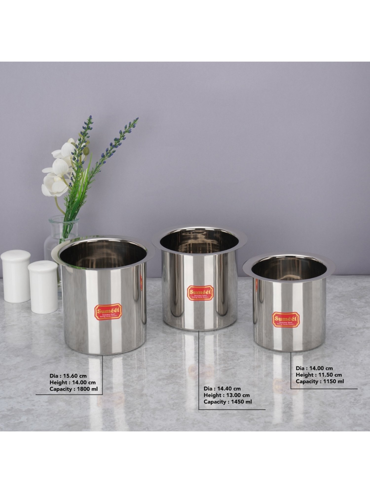 Sumeet S.S. Ganj/Milk Boiler/Milk Pot /Long Tapeli  set of 3 Pieces (1150ml, 1450ml, 1800ml), Silver