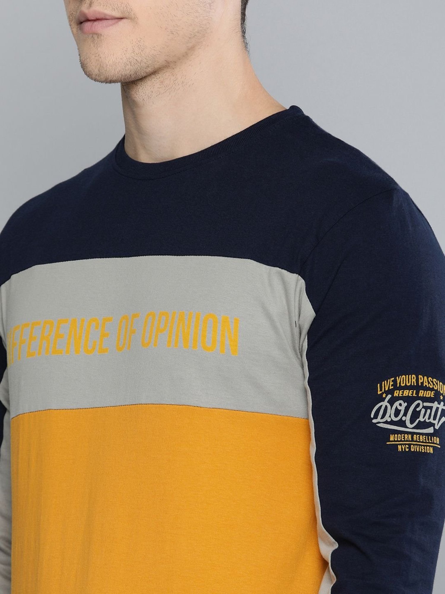 Difference Of Opinion Navy & Yellow Cotton Regular Fit Colour Block T-Shirt