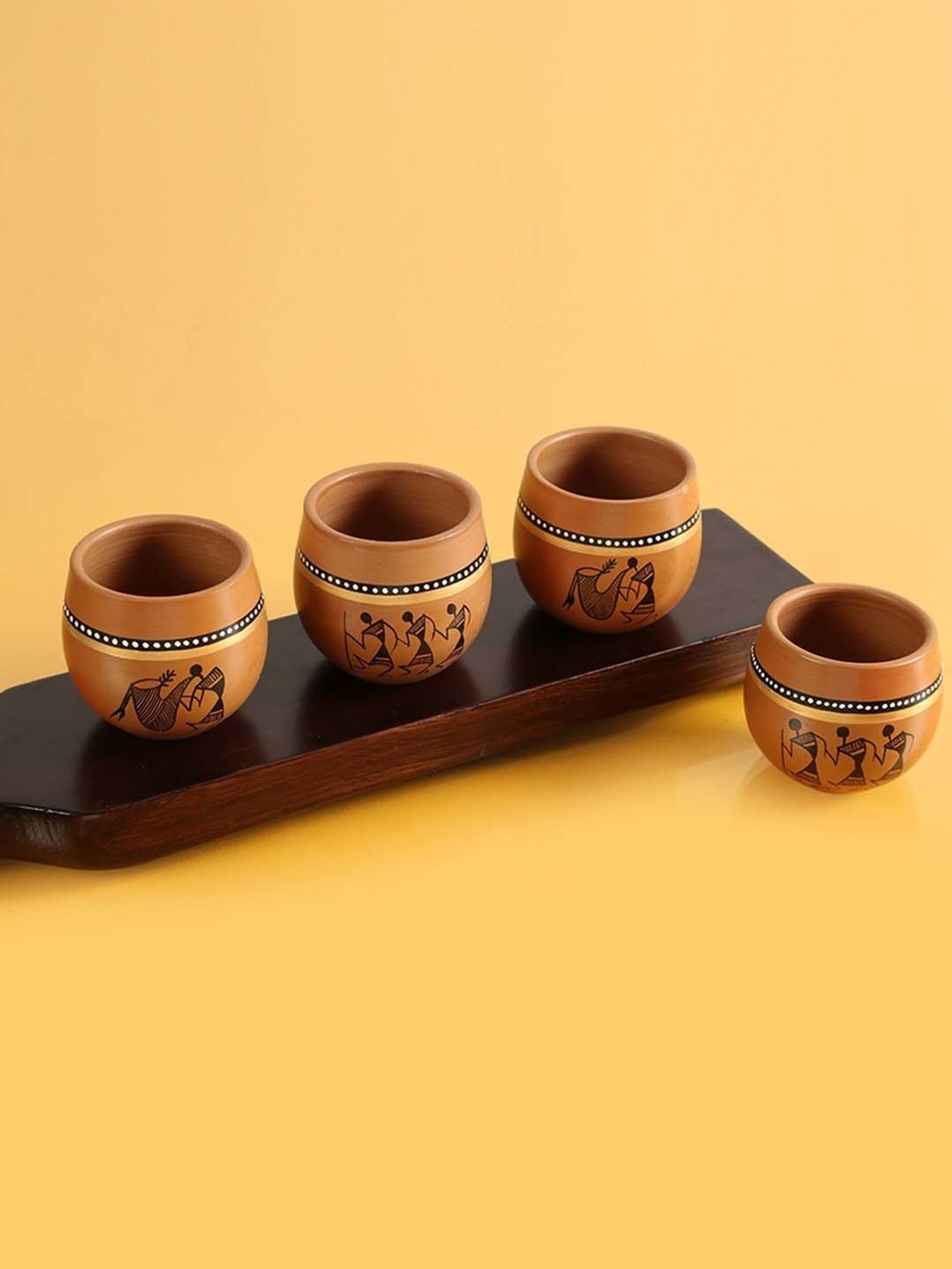 ExclusiveLane 'New-Old World Charms' Mud Brown Terracotta Warli Hand-Painted Kulhad - Set of 4