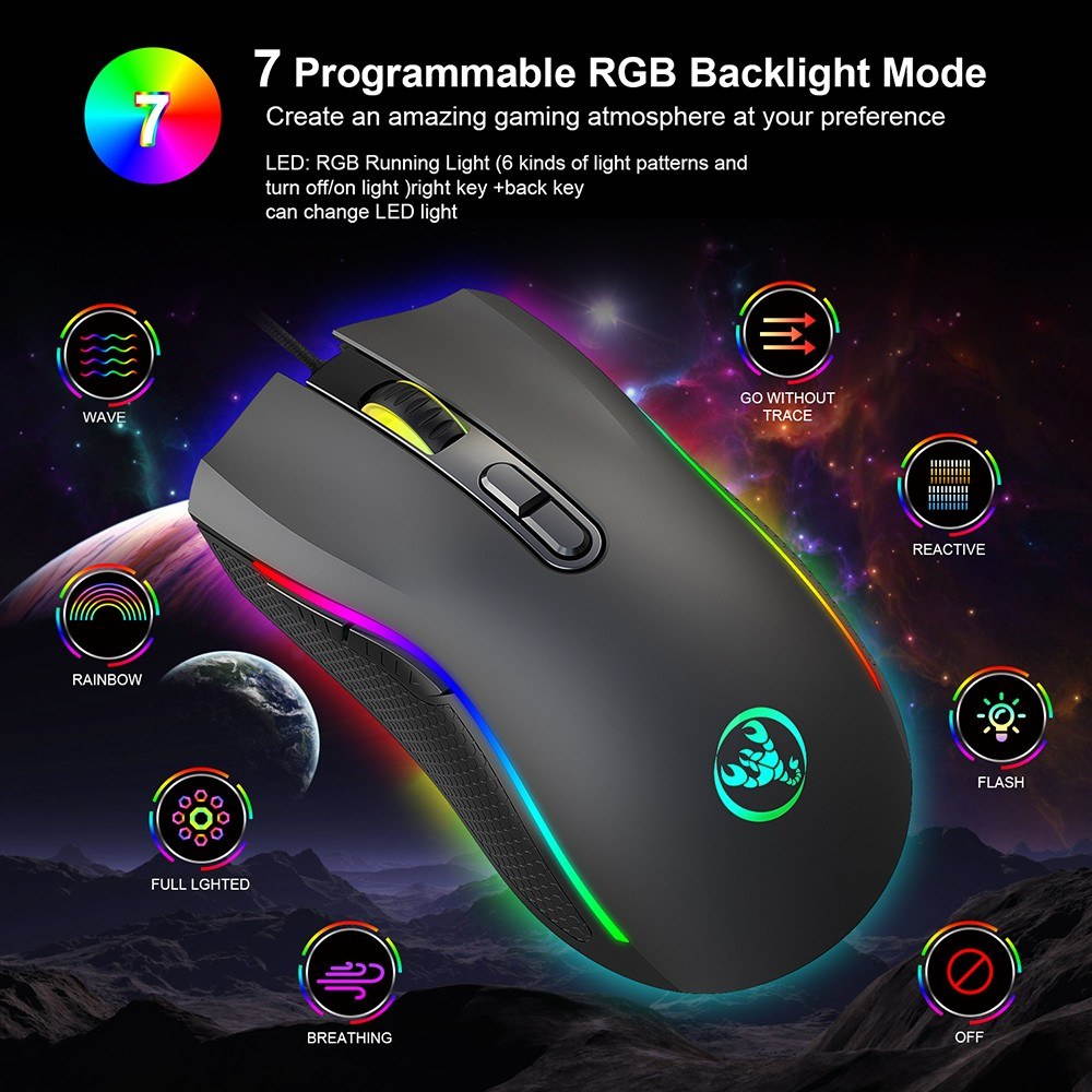 HXSJ Colorful Luminous Gaming Mouse Wired Mouse Six Adjustable DPI Macro Definition Programmable RGB Gaming Mouse A869