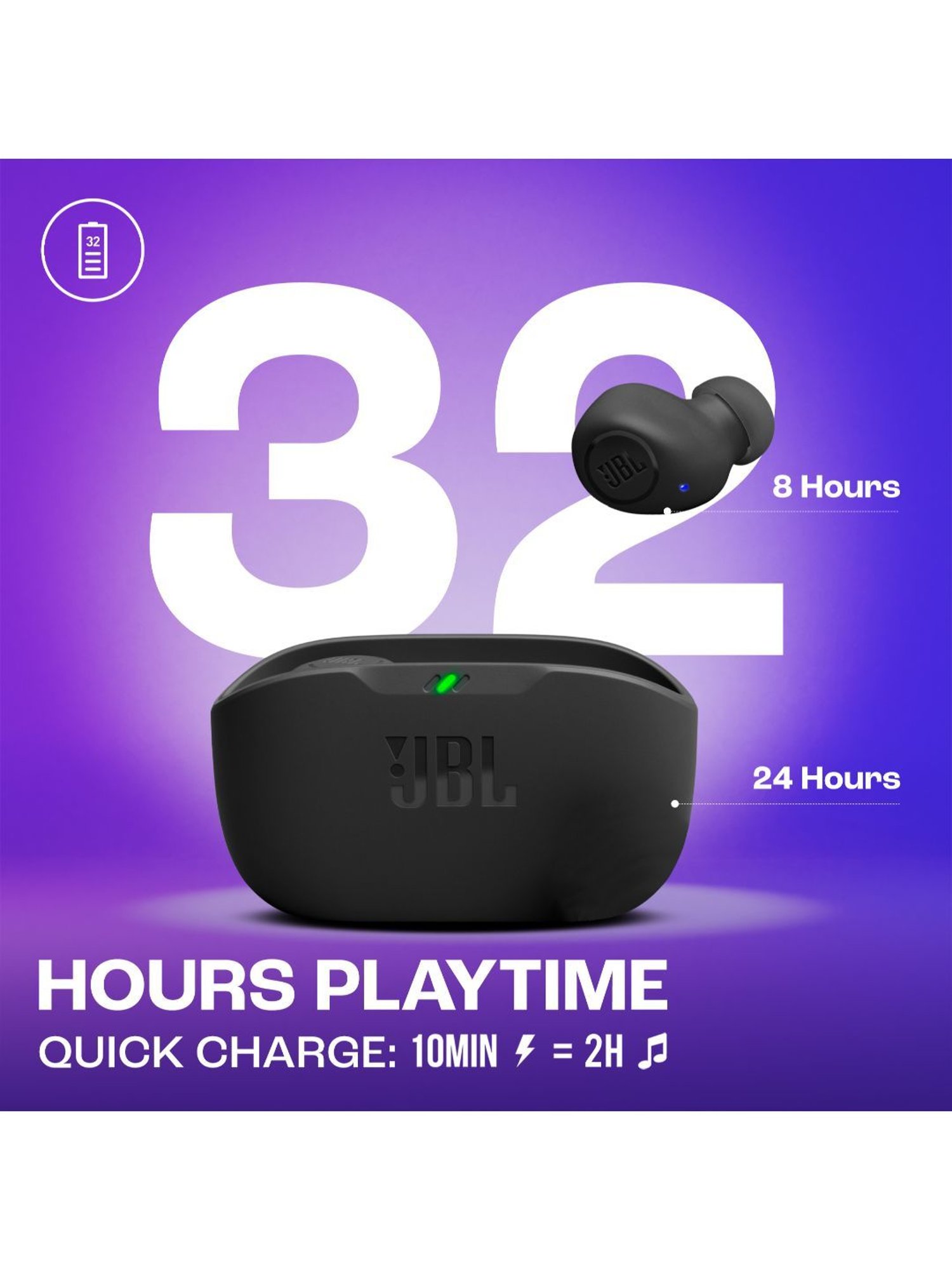 JBL Wave Buds TWS, 32Hr, Deep Bass, Dual Mode, Quick Charge, IP54, Smart Ambient & TalkThru (Black)