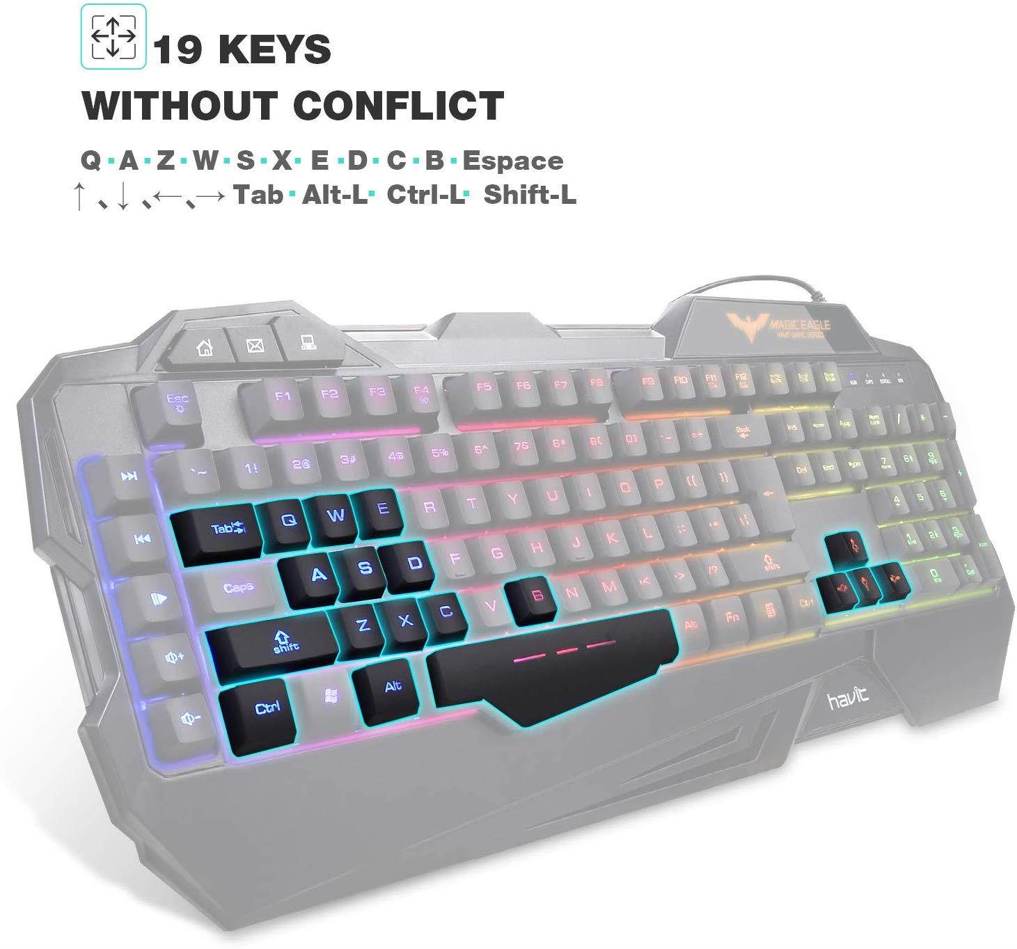 Havit Keyboard Rainbow Backlit Wired Gaming Keyboard Mouse Combo, LED 104 Keys USB Ergonomic Wrist Rest Keyboard, 3200DPI 6 Button Mouse for Windows PC Gamer Desktop, Computer (Black)