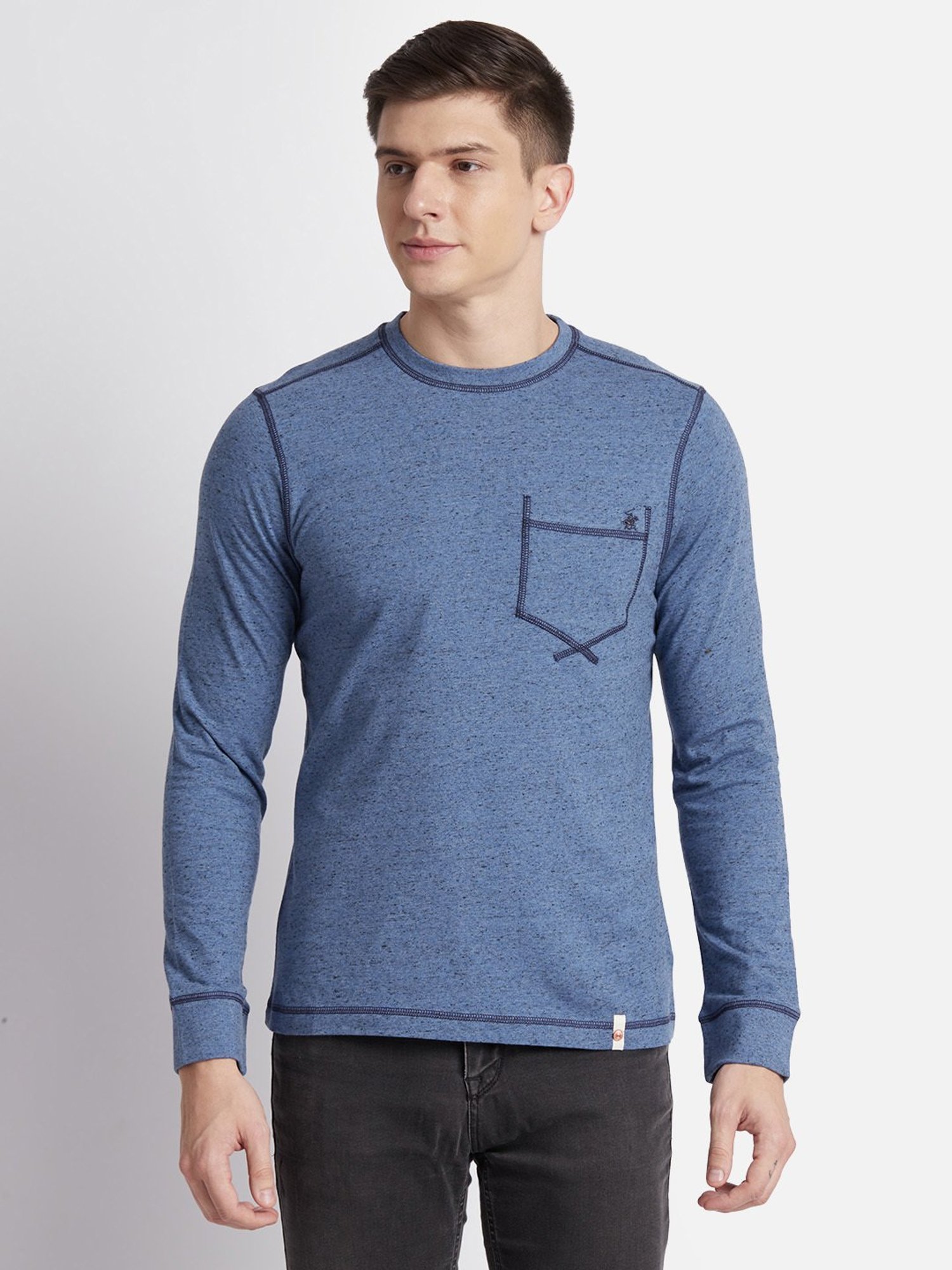 Beverly Hills Polo Club Blue Melange Regular Fit Pure Cotton Crew T-Shirt