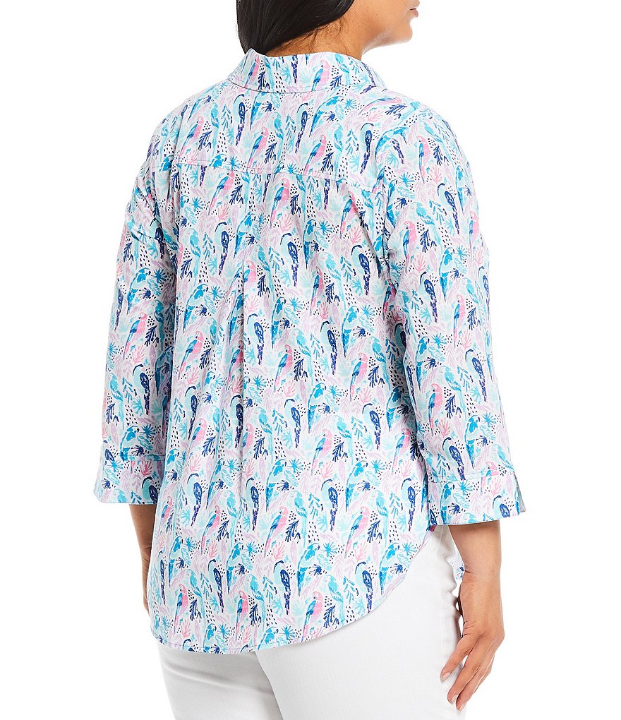 Foxcroft Plus Size Parrot Paradise Print Button Front Point Collar Neck Long Sleeve Top