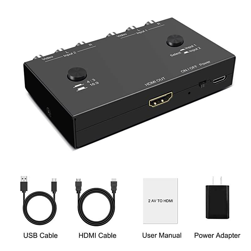 Port AV to HDMI Converter Dual AV to HDMI Adapter RCA to HDMI Adapter Support 16:9/4:3 Compatible with WII, N64, PS, VHS, VCR DVD Players etc(Port AV Input 1 HDMI Output)