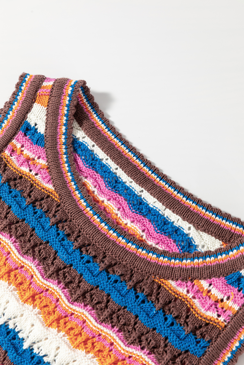 Light Blue Checkered Color Block Crew Neck Short Sleeve Sweater