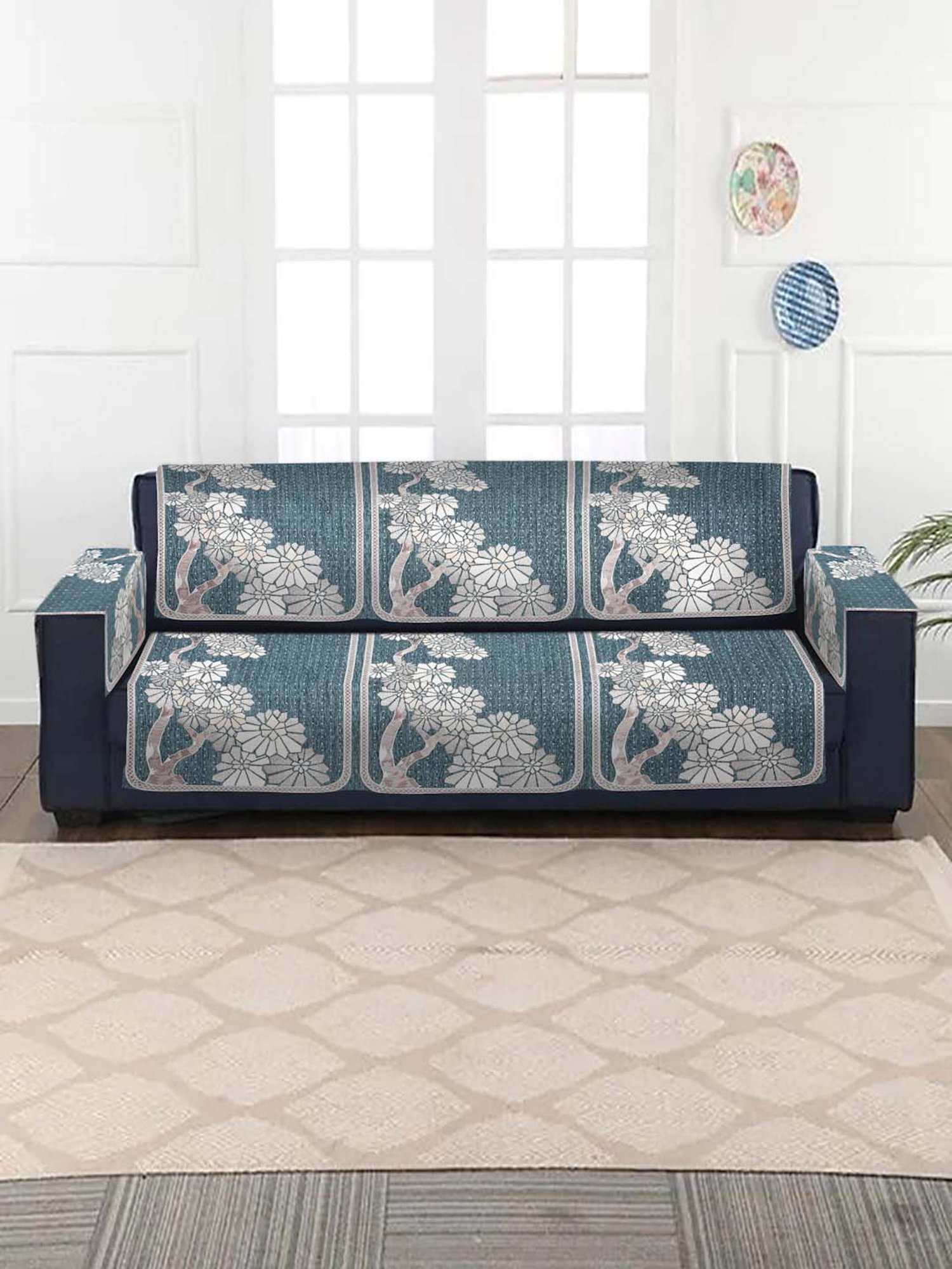 HOSTA HOMES Teal Blue & White Velvet Sofa Cover With Arm Rest - Set of 16