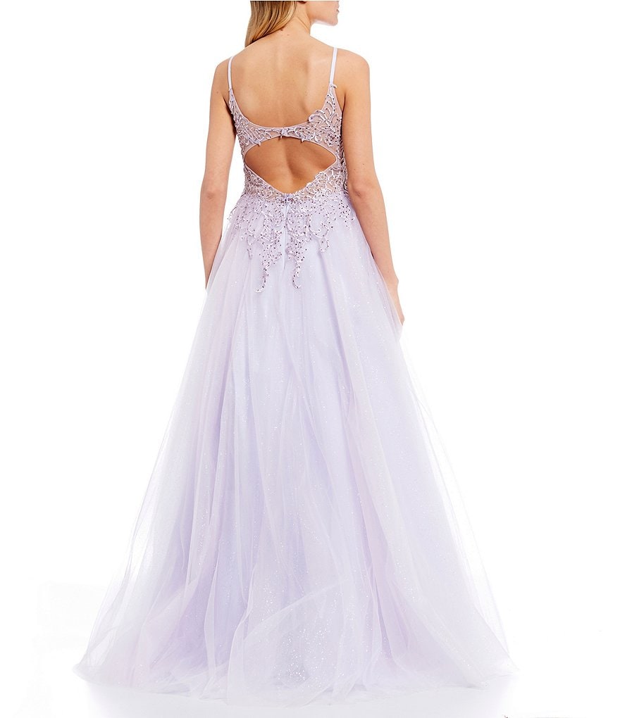 Coya Collection Spaghetti Strap Plunged V-Neck Embroidered Mesh Ball Gown