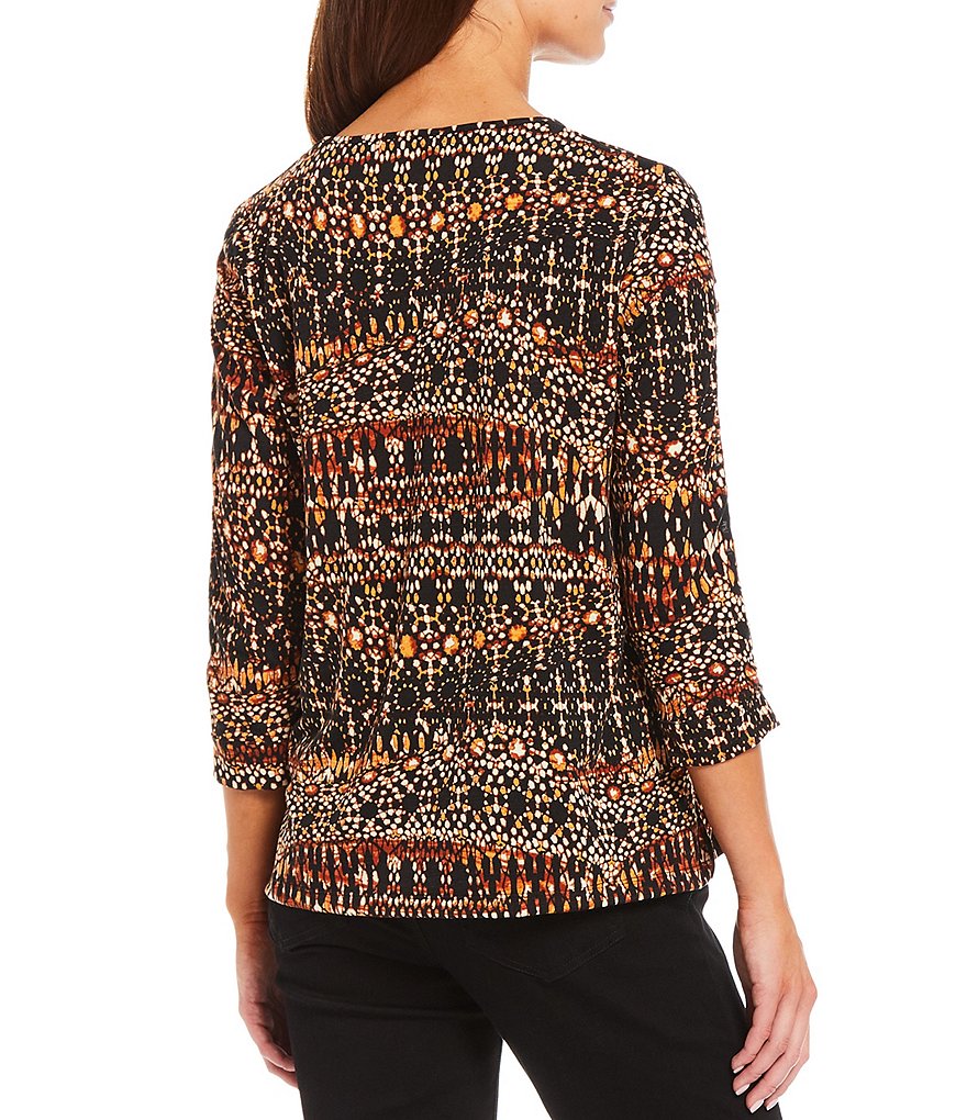 Multiples Tile Print V-Neck 3/4 Lattice Sleeve Side Slit Knit Top