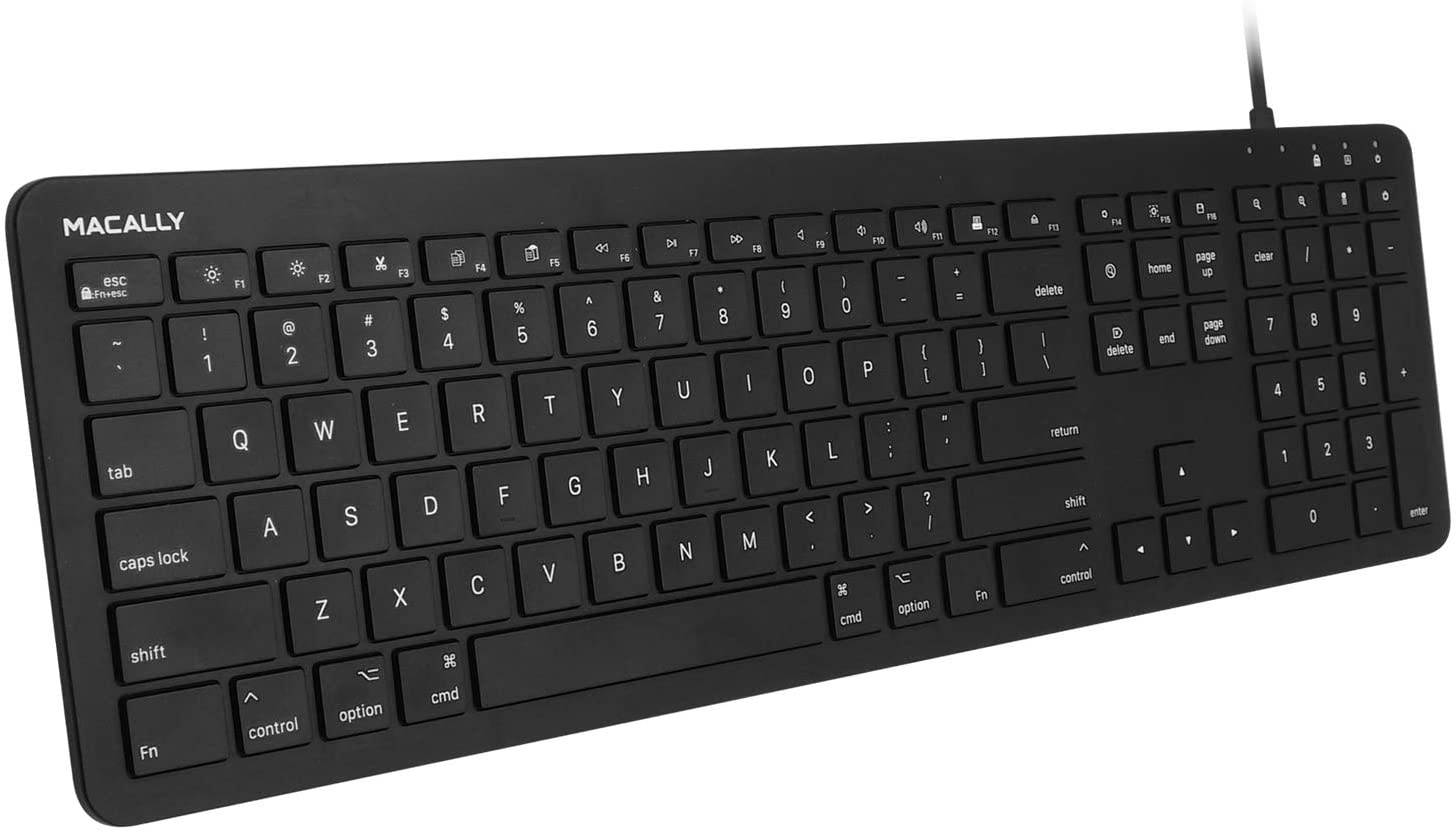 Macally Wired Mac Keyboard Full-Size/Extended - Number pad 10 Key & 5FT Wired USB A Cable - 21 Shortcuts for Apple Computer Keyboards - Replacement Keyboard for Mac with USB Port - (Black)