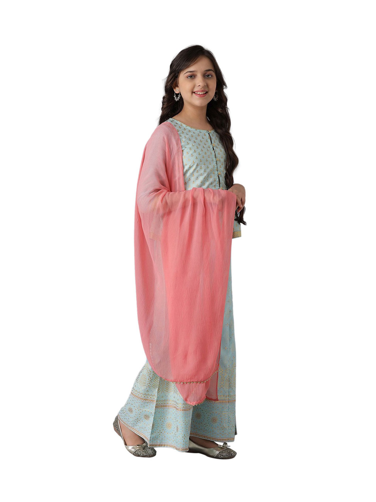 Aurelia Kids Blue & Pink Printed Short Kurta, Palazzos with Dupatta