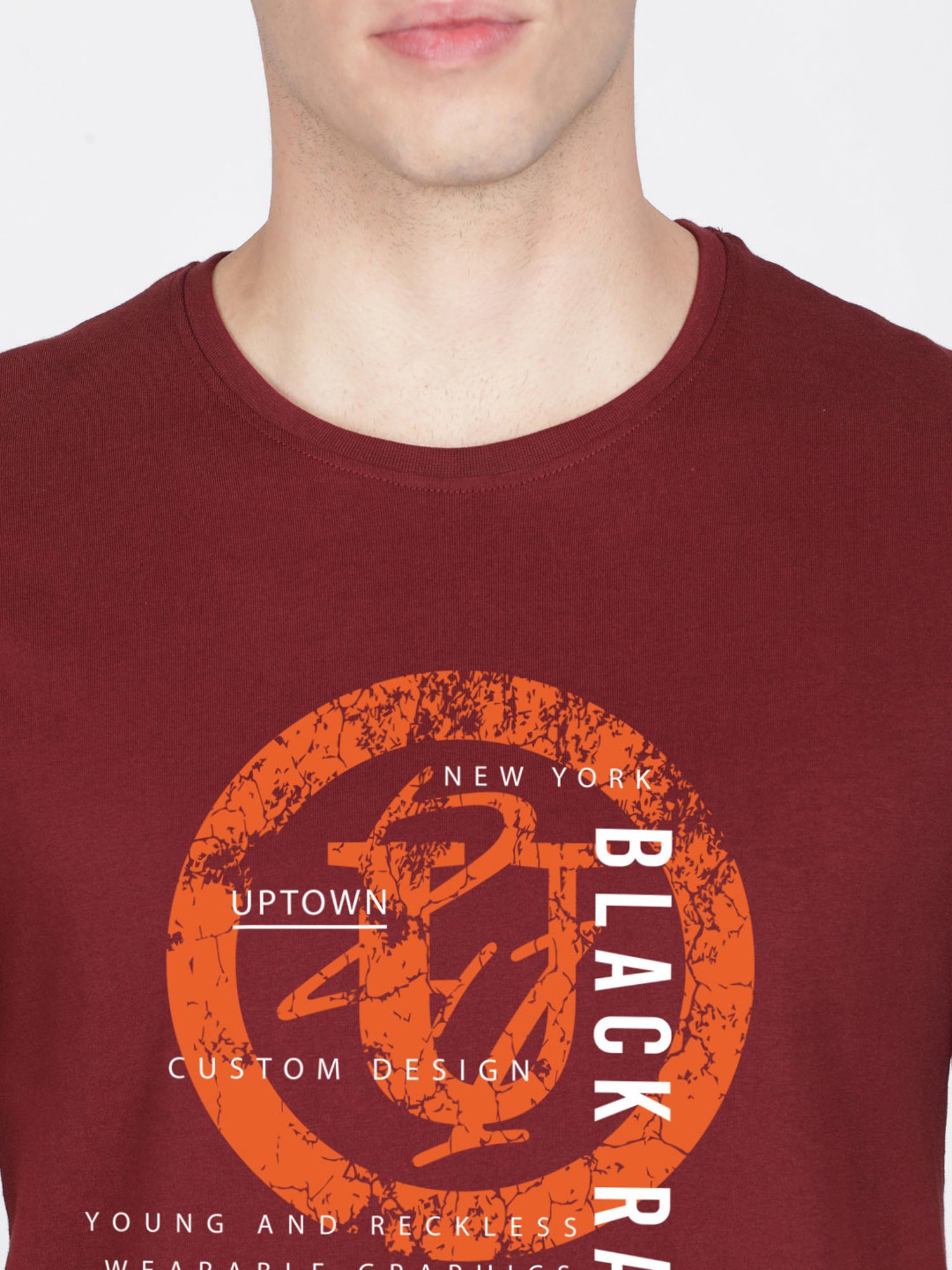 BLACK RADIO Maroon Slim Fit Printed Cotton Crew T-Shirt