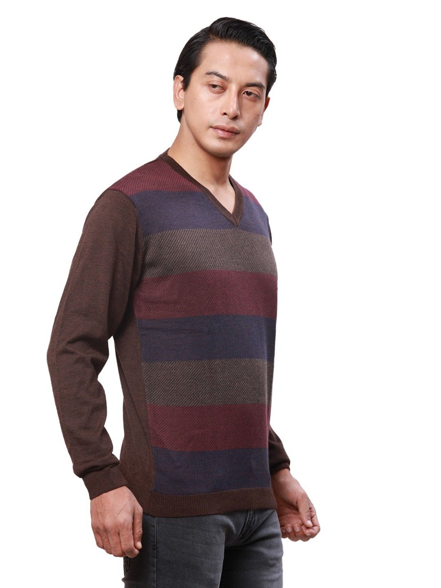 Park Avenue Brown Regular Fit Striped Sweater