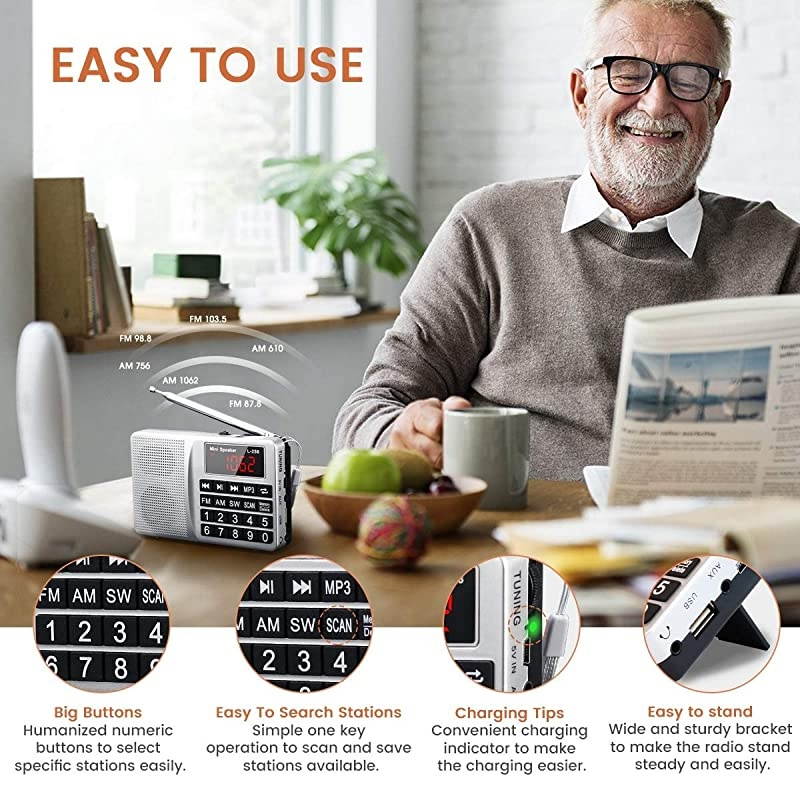 Small Portable Radio AM FM SW Digital Rechargeable Radio with Neodymium Speaker, Large Buttons, Support USB SD TF Card MP3 Player(Gold)