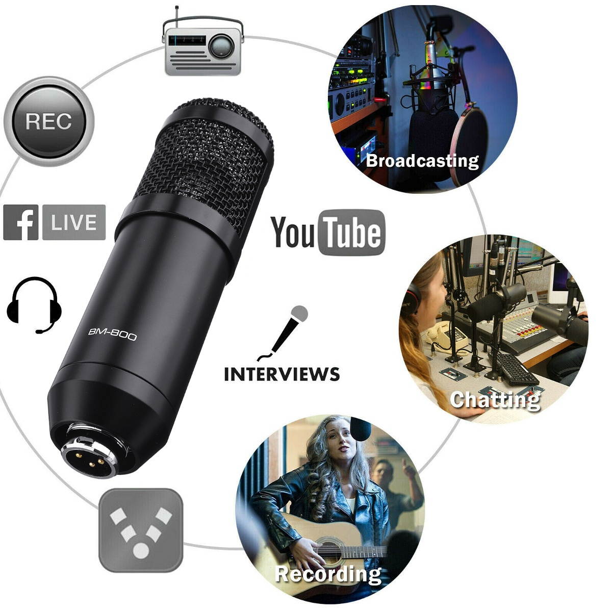 BM-800 Condenser Microphone Kit Pro Audio Studio Recording & Brocasting Podcasts Set