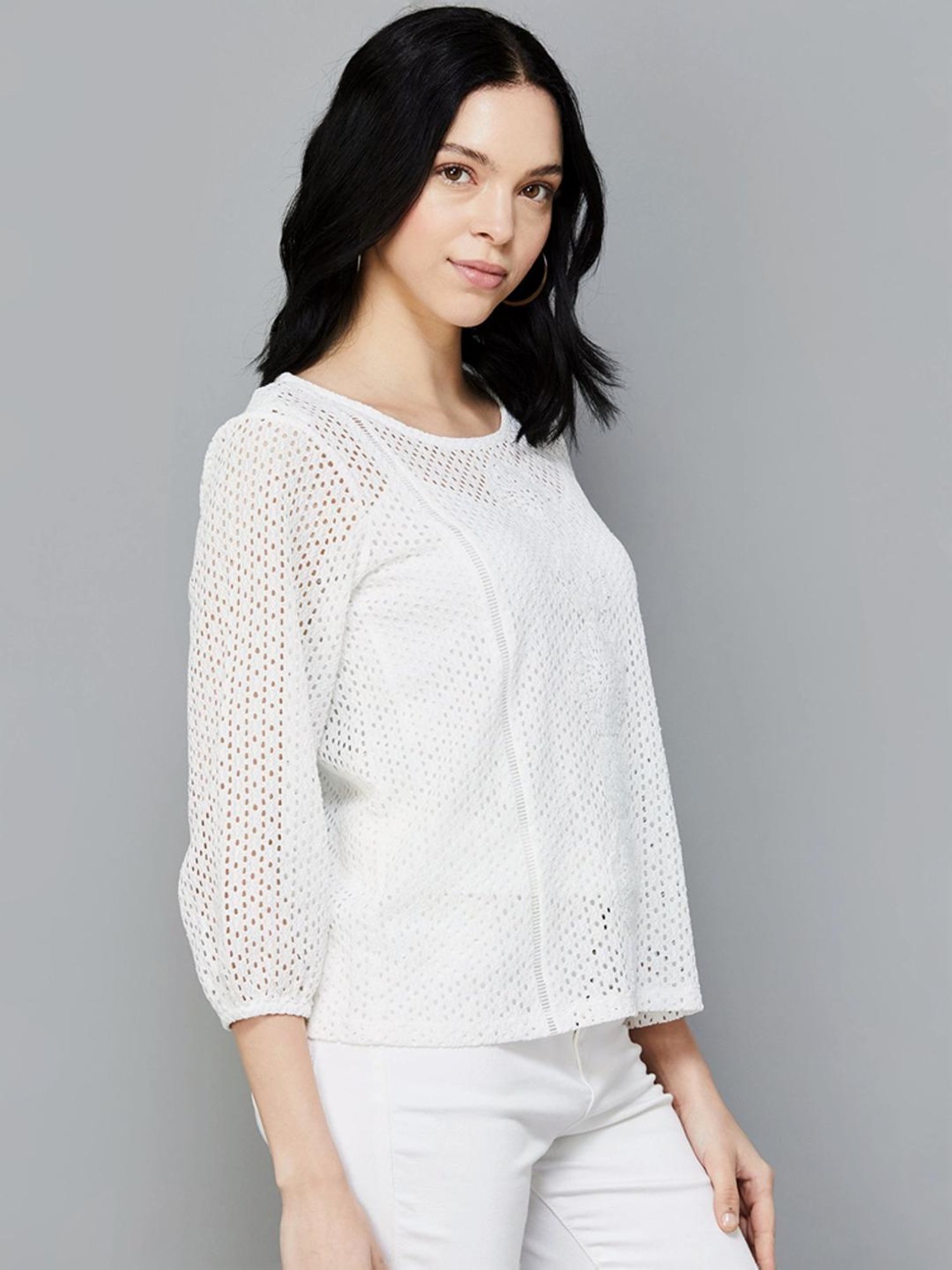 Fame Forever by Lifestyle White Cotton Self Pattern Top With Inner
