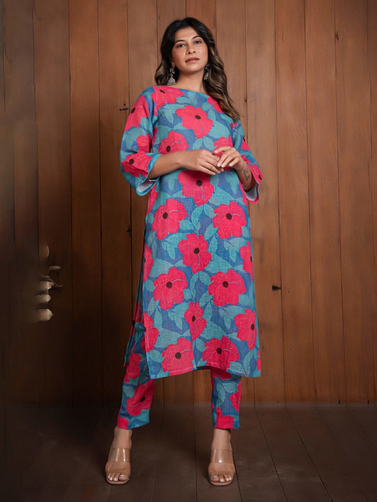 Eeshva India Blue Garden Of Dreams Pure Linen Kurta