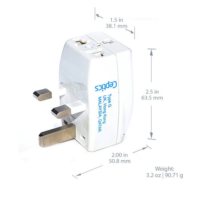 Ceptics 3 Outlet Grounded Travel Adapter Plug for UK, Hong Kong, Ireland (Type G), Universal Socket Plug Accepts Plugs From any Country (GP3-7)