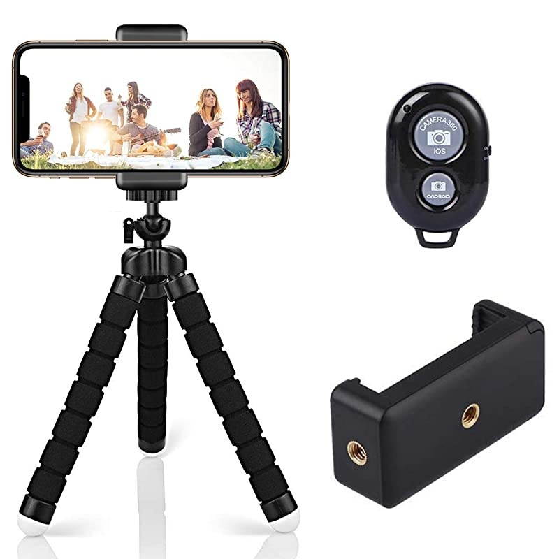 Flexible Phone Tripod with Wireless Selfie Remote Shutter Portable and Adjustable Phone Tripod Stand with Universial Phone Clip Mini Tripod Stand Holder Compatible with iPhoneAndroid Samsung