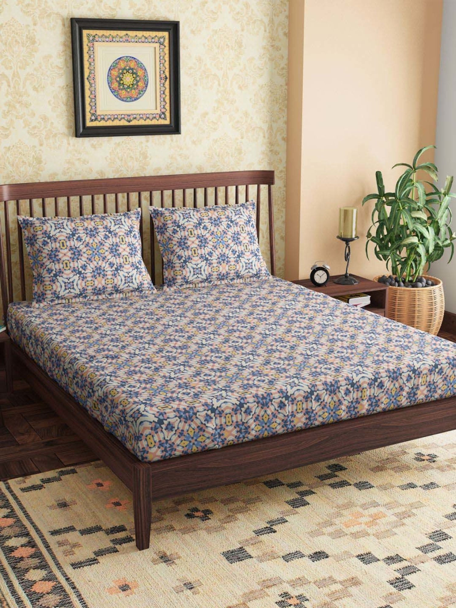 Petal Home Alhambra Blue & Beige Cotton 300 TC Queen Bedsheet with 2 Pillow Covers