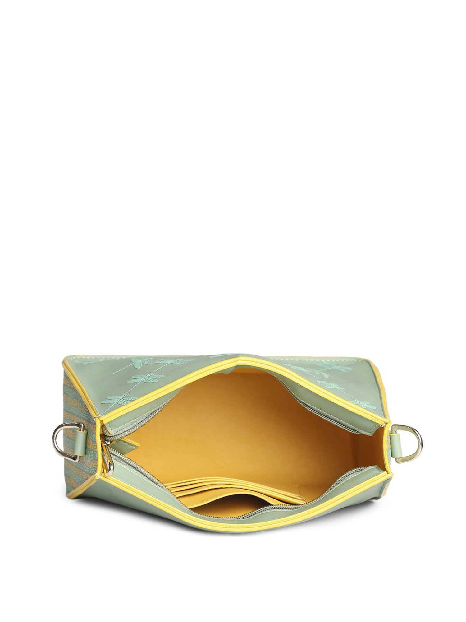 Eume Dragonfly Basil Green Leather Printed Double Sling Handbag with Pouch