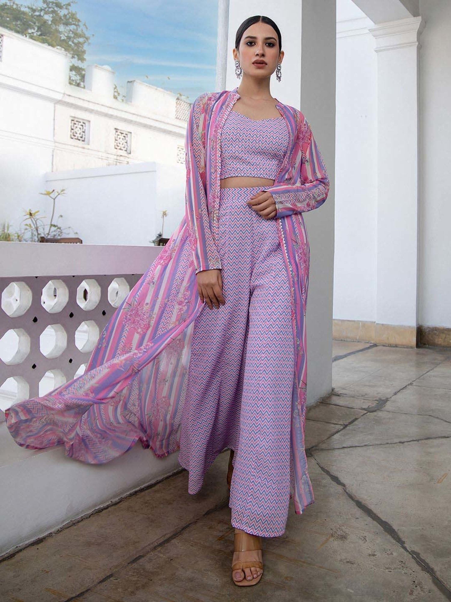 Janasya Purple & Pink Printed Top Palazzo Set With Jacket