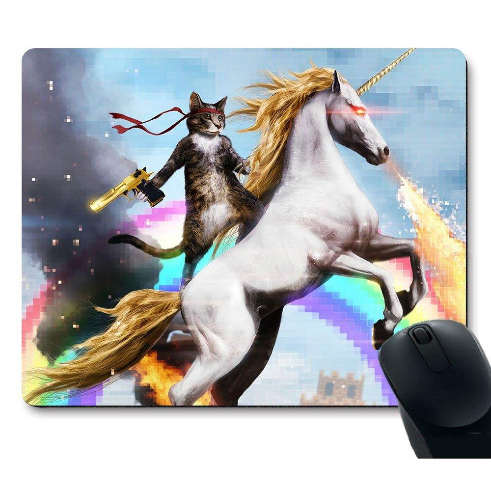 Apottwal MP-0003 Funny Cute Cat Dressed as Rambo with Gun Riding a Glowing Red Eyes Fire Breathing Unicorn Mouse Pad