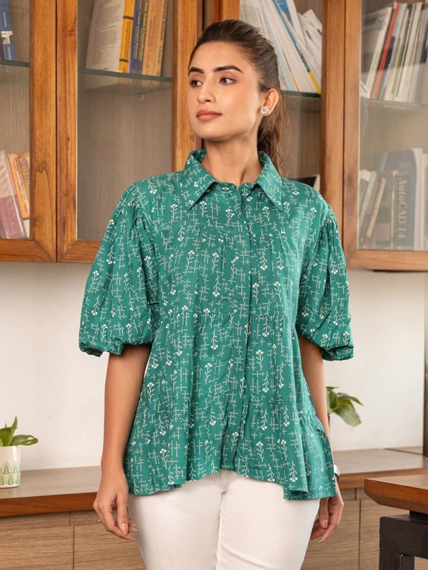 BInfinite Teal Green Printed Tiered Shirt