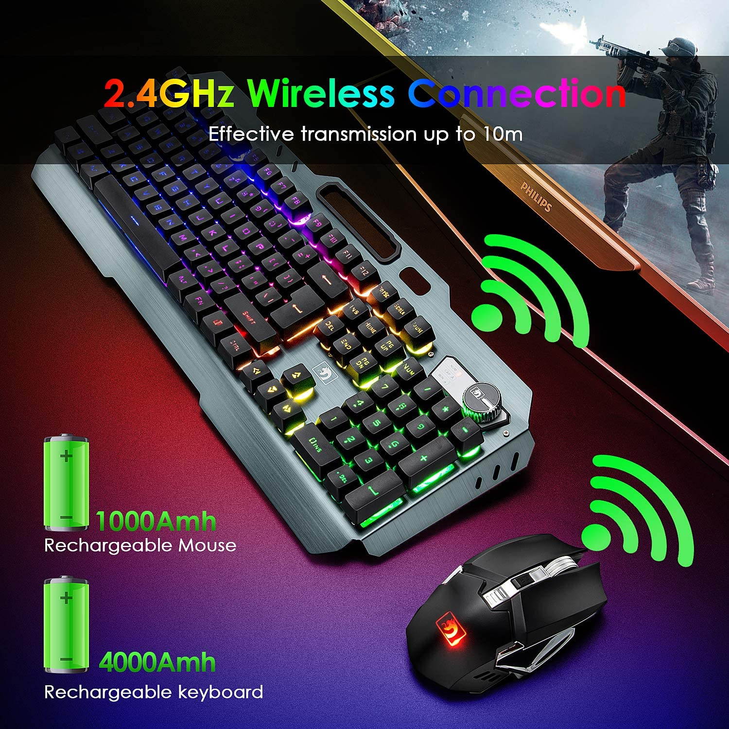 Wireless Gaming Keyboard and Mouse,Rechargeable16 Kinds RGB LED Backlit  Keyboard Mouse with 4800mAh Battery Metal Panel,Mechanical Feel and Gaming Mute Mouse for Computer Gamers