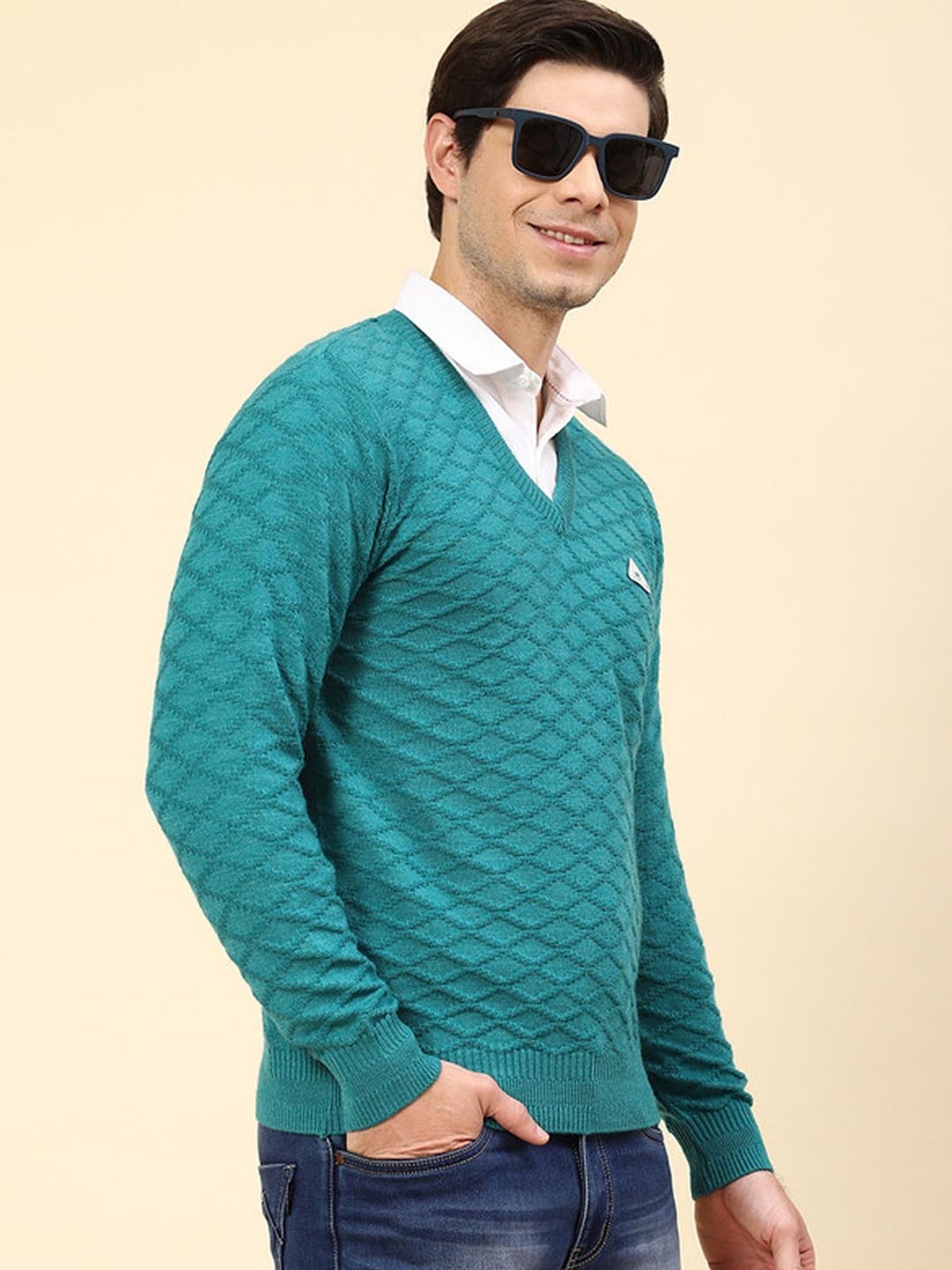 Monte Carlo Sea Green Regular Fit Self Pattern Pullover