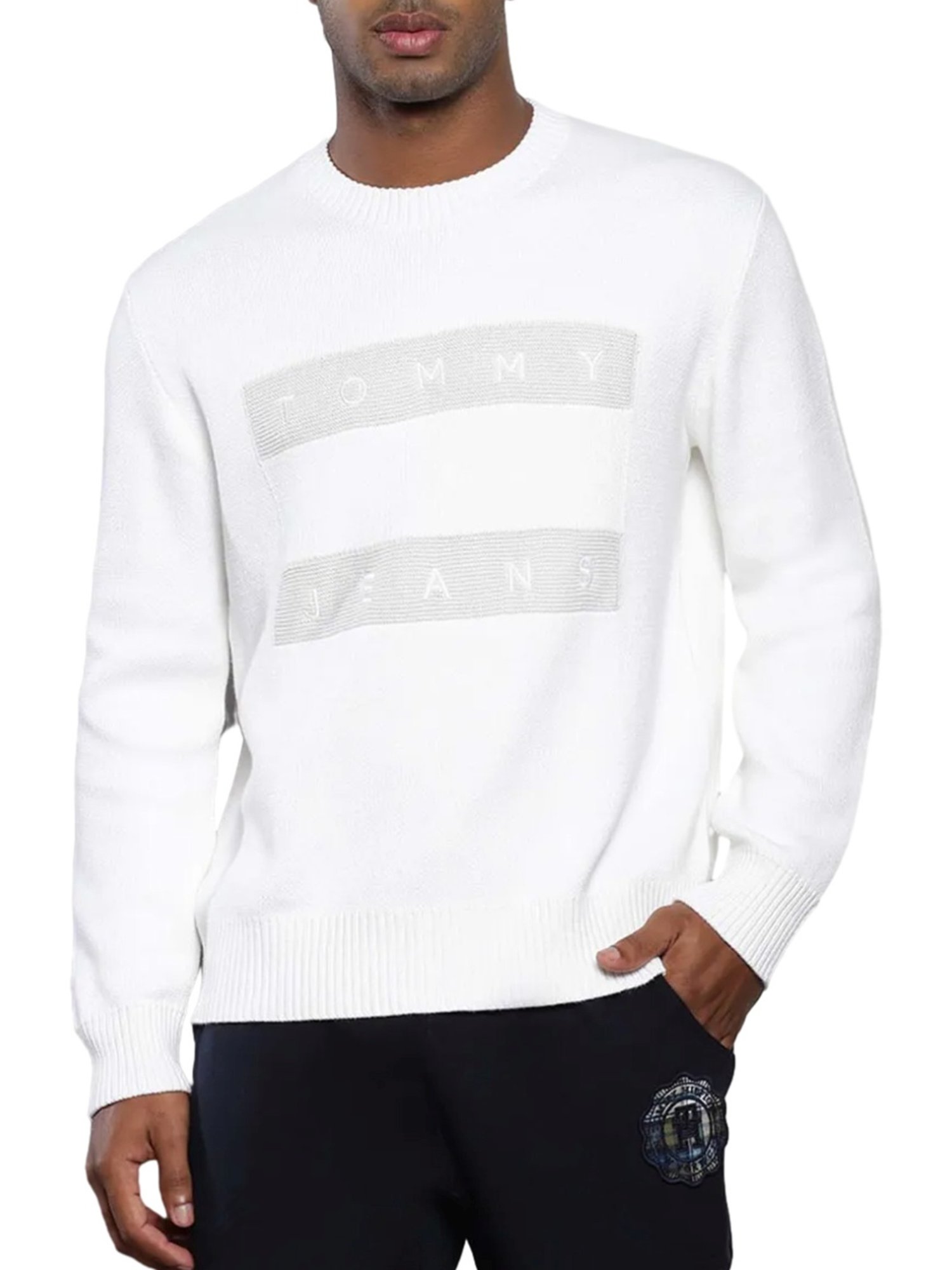 Tommy Hilfiger White Cotton Relaxed Fit Printed Sweater
